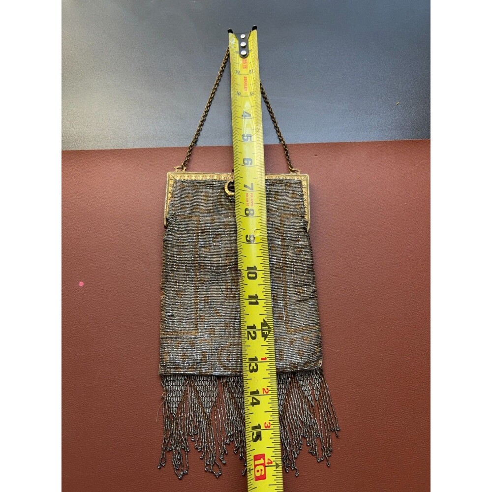 Antique FRENCH Art Deco Gold Silver Handmade Steel Beaded Fringe Flapper Purse - Picture 6 of 10